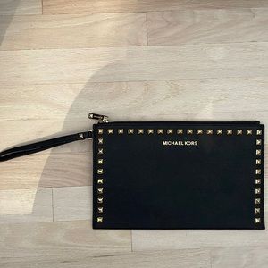Michael Kors black leather & gold studded wristlet